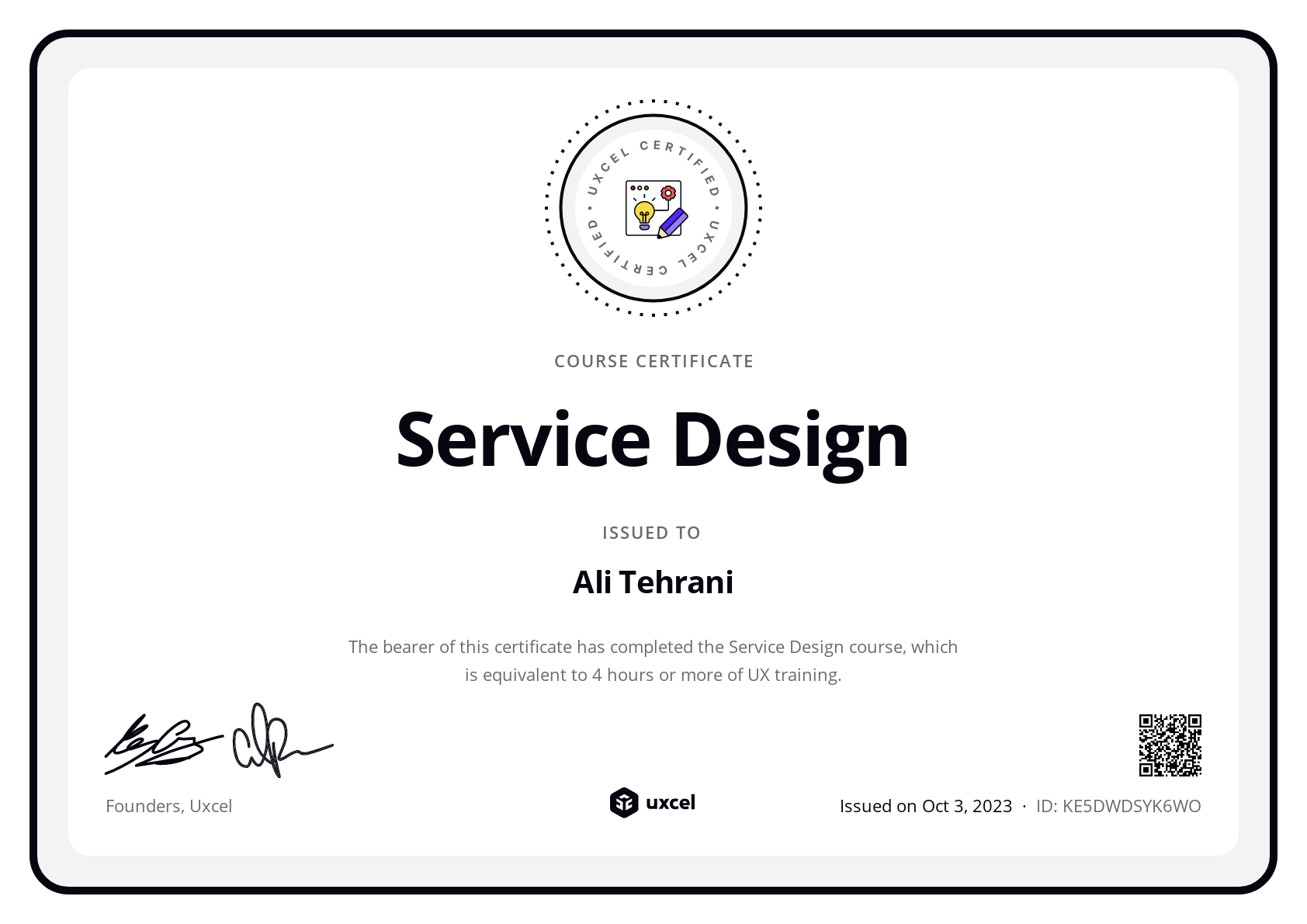 Ali Tehrani's certificate